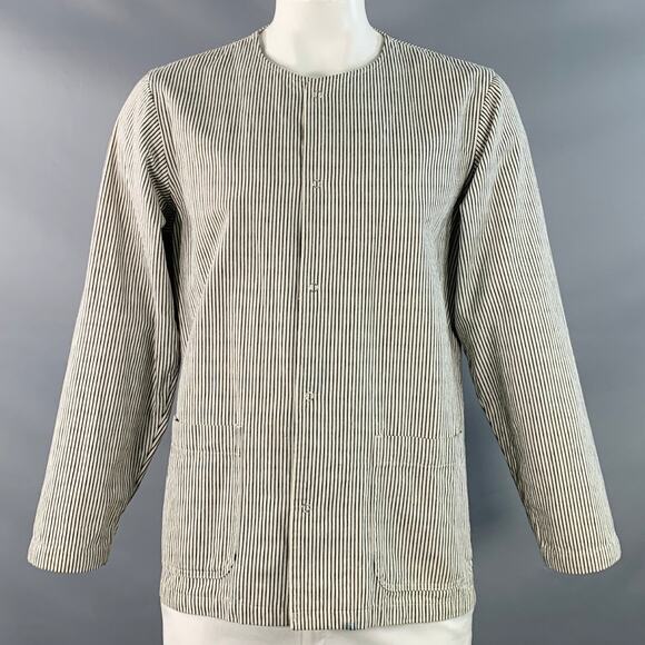 CHIMALA Size L White Black Stripe Cotton Two Pockets Collarless Jacket - Picture 1 of 6